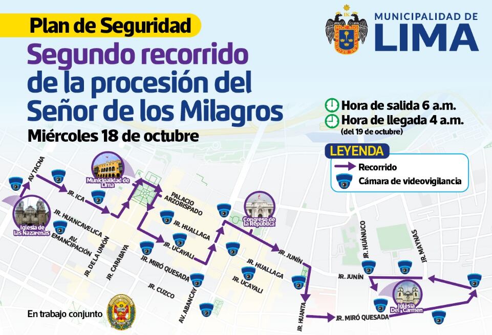 Mapa del segundo recorrido de la procesión del señor de los milagros, en Lima, Perú.