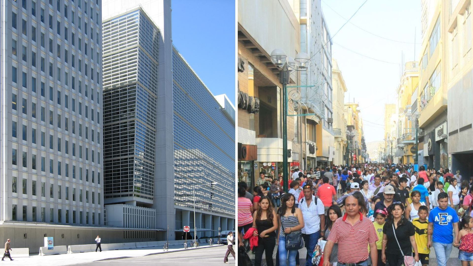 composición de fachada del Banco Mundial y gente en jirón de la unión en Lima, Perú.