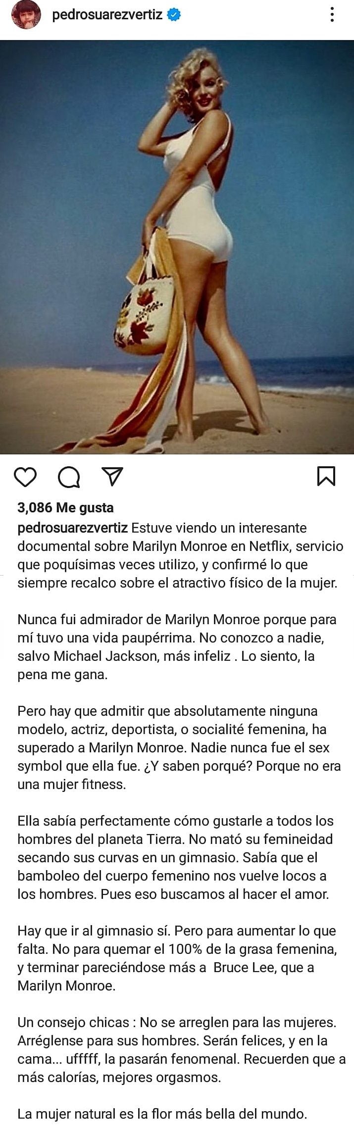 El post de Pedro Suárez Vértiz que generó controversia. (Foto: Instagram)