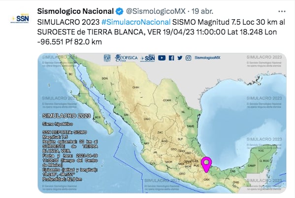 Simulacro Nacional 2023. Foto: @SismologicoMX