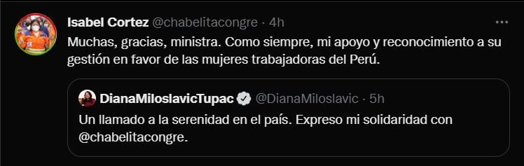 Isabel Cortez agrade el apoyo de la ministra de la Mujer, Diana Miloslavic.