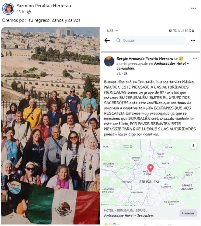 Familiares y amigos de los mexicanos en Israel buscan que el mensaje se haga viral y llegue a las autoridades. Foto. FB/Yazminn Peraltaa Herreraa