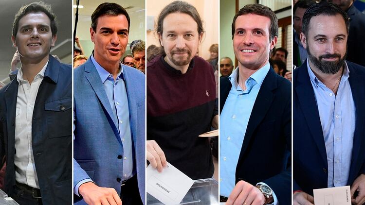 Albert Rivera, Pedro Sánchez (PSOE), Pablo Iglesias (Podemos), Pablo Casado (PP) y Santiago Abascal (VOX), referentes de los principales partidos en pugna (AFP)