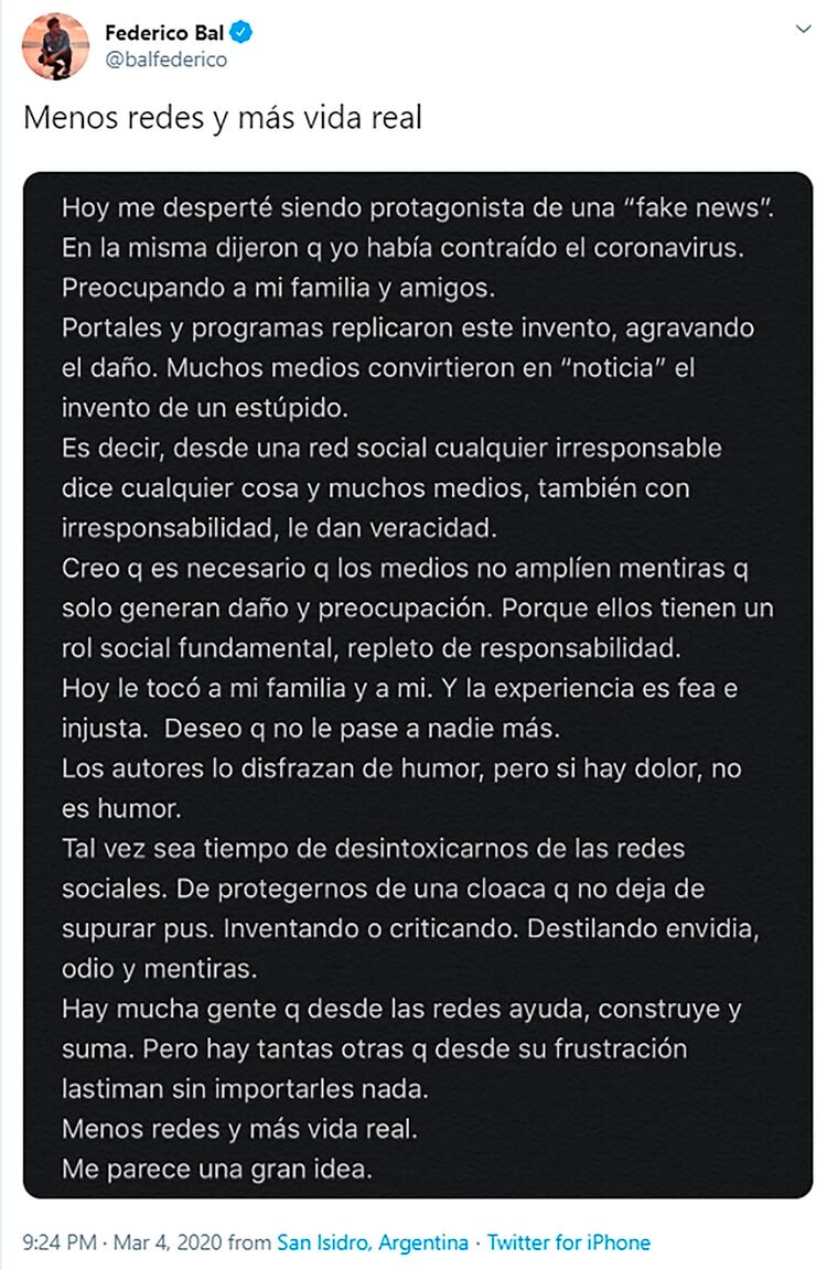 La reflexión de Fede Bal tras ser víctima de una noticia falsa por el coronavirus: “Menos redes y más vida real”