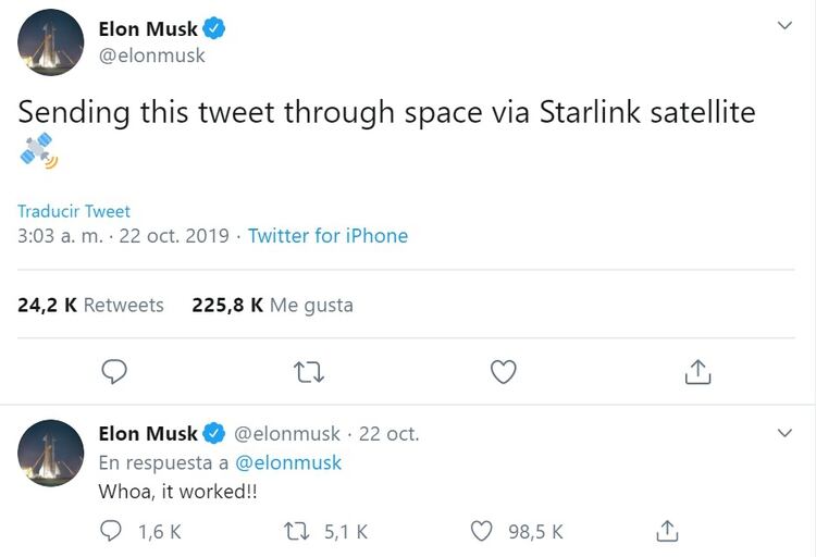 El tuit de Elon Musk contando este primer hito que logró la constelación de satélites.