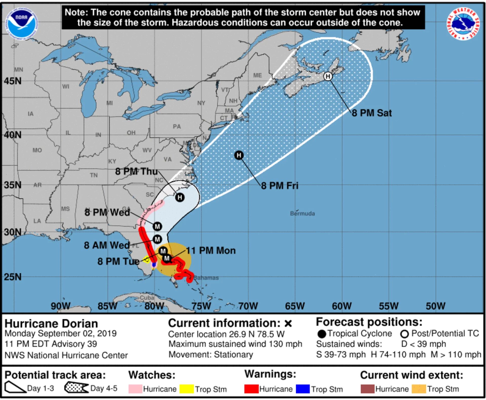 Los pronósticos del paso del huracán Dorian para el martes en Florida y la costa este de Estados Unidos (Foto: NWS)