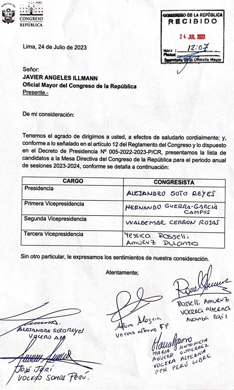 Se presenta la primera lista para la Mesa Directiva del Congreso.