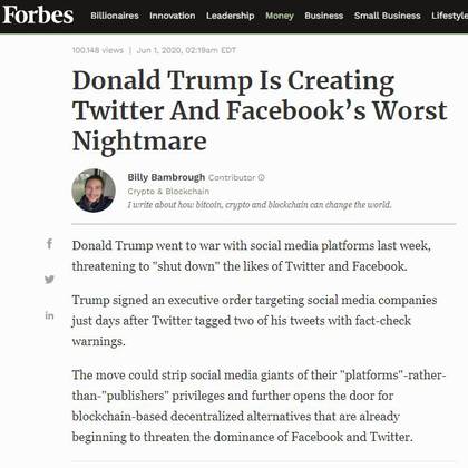 Donald Trump dejará sin efecto una normativa que permite a Facebook y Twitter actuar libremente y ser árbitros de los posteos que se publican en sus plataformas (Forbes)