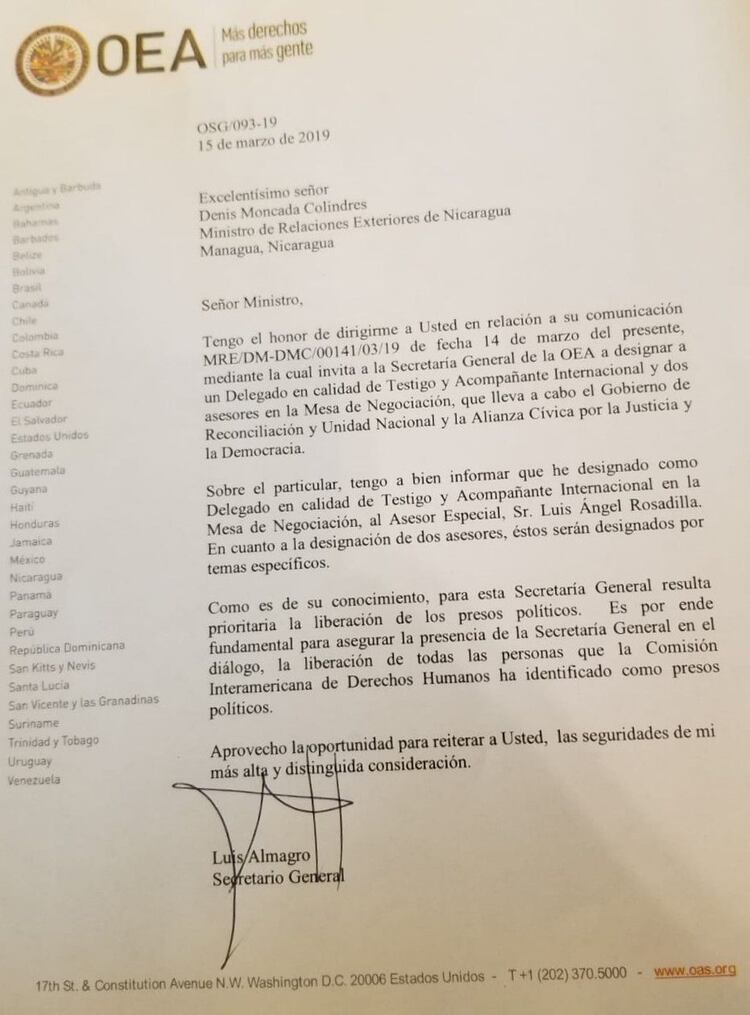 La carta de la OEA filtrada por un medio nicaragÃ¼ense.