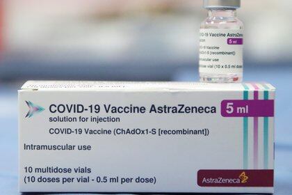 A box AstraZeneca COVID-19 vaccines is seen at the Neurological and Functional Rehabilitation Centre of the CHU hospital, amid the spread of the coronavirus disease (COVID-19), in Fraiture, Belgium February 12, 2021. REUTERS/Yves Herman