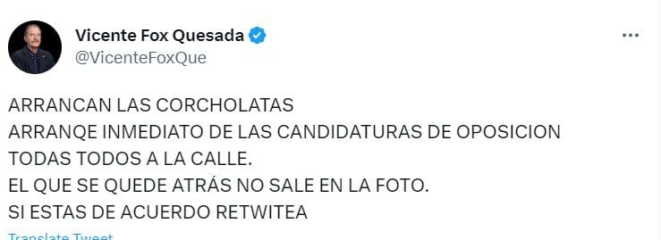El expresidente Vicente Fox hizo un llamado a los candidatos para que se muevan rumbo al 2024  (@VicenteFoxQue/Twitter)