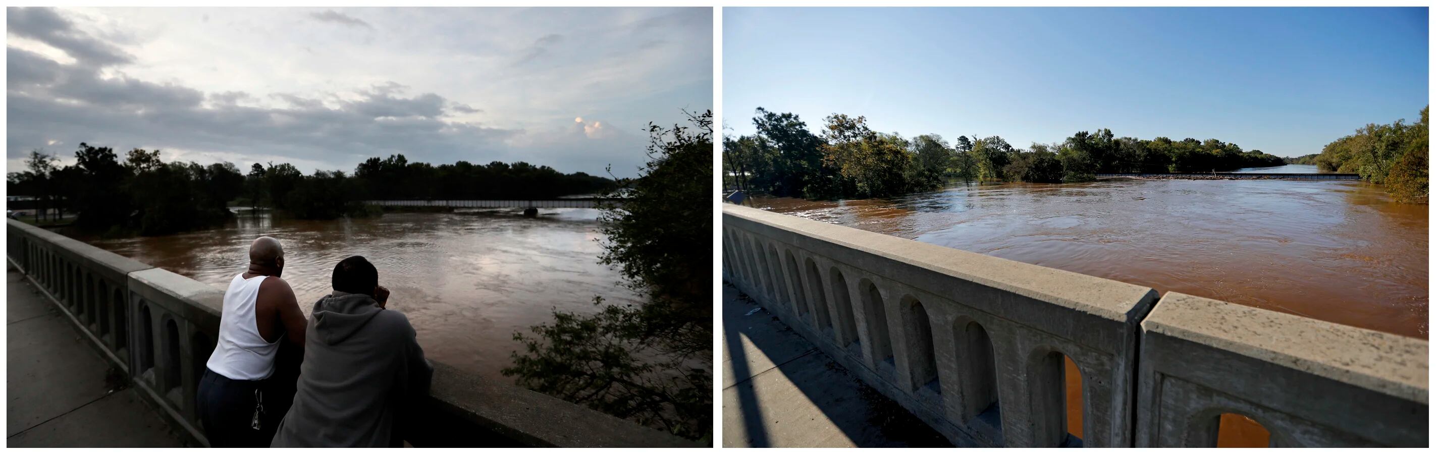 Esta combinación de fotografías muestra el río Cape Fear el 17 de septiembre de 2018, a la izquierda, y después del paso del huracán Florence, el 19 de septiembre, en Fayetteville, Carolina del Norte. (AP Fotos/David Goldman)