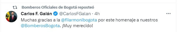 Galán agradeció a la Filarmónica de Bogotá por el gesto que tendrá con las unidades del Cuerpo Oficial de Bomberos de Bogotá - crédito @CarlosFGalan/X