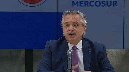 El presidente Alberto Fernández durante la última reunión de Jefes de Estado del Mercosur al cumplirse 30 años de su creación
