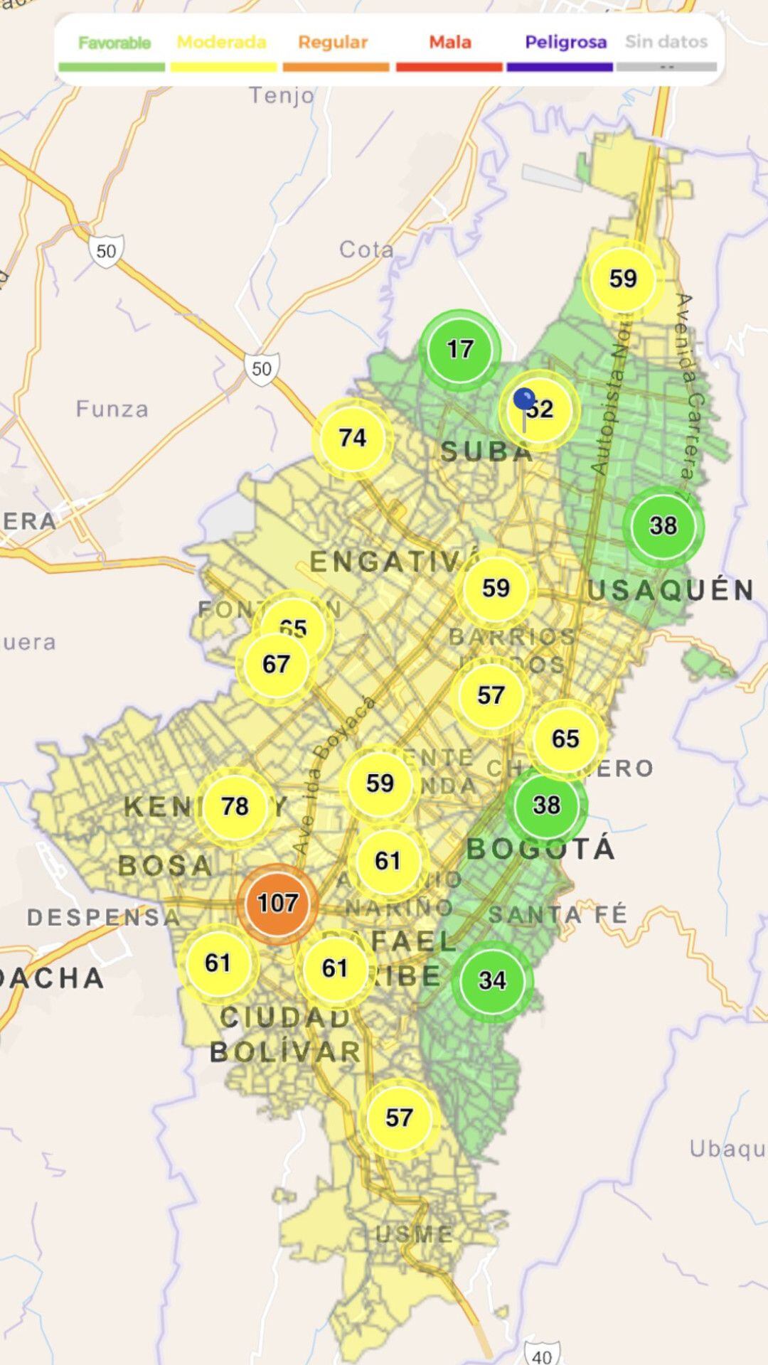 Mediciones de la calidad del aire en Bogotá por localidades. Imagen: Gráfico que elaboraron en la Secretaría de Seguridad