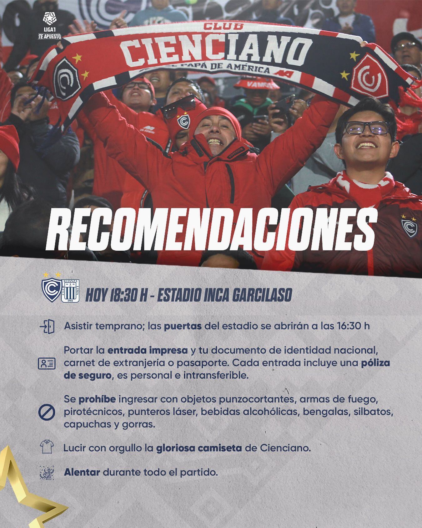 Recomendaciones para el público asistente al Alianza Lima vs Cienciano por Liga 1 2024.