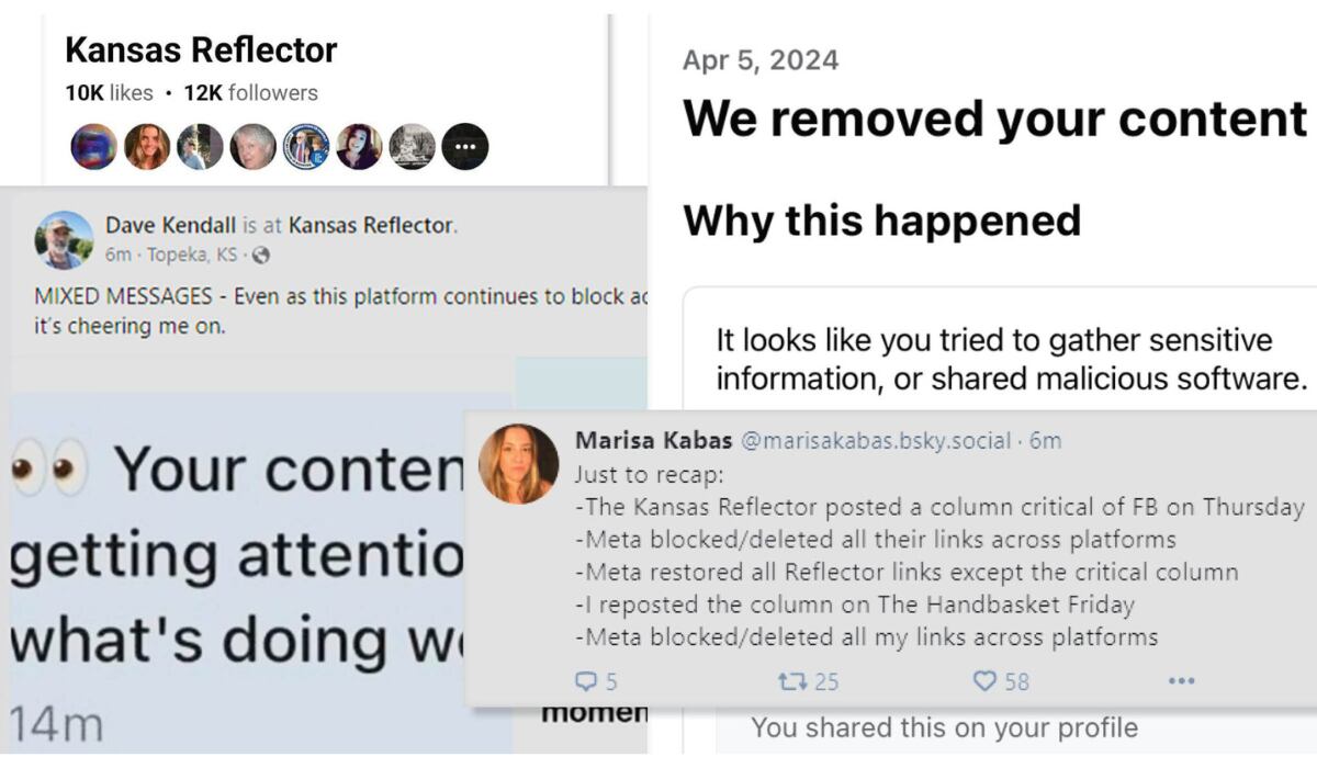 Las publicaciones en las redes sociales reflejan las acciones de Facebook para bloquear los sitios de noticias que publicaron la columna que criticaba a la red social. (Sherman Smith/Kansas Reflector)