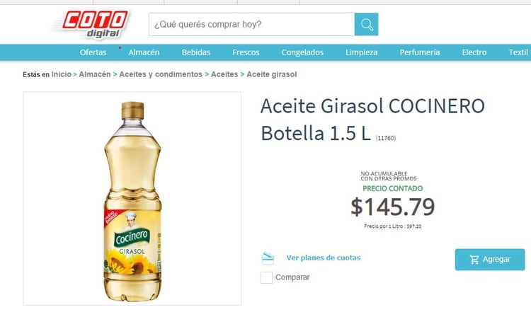 El precio autorizado para la compra del Gobierno en el caso del aceite fue de $166,58, más caro que en los supermercados