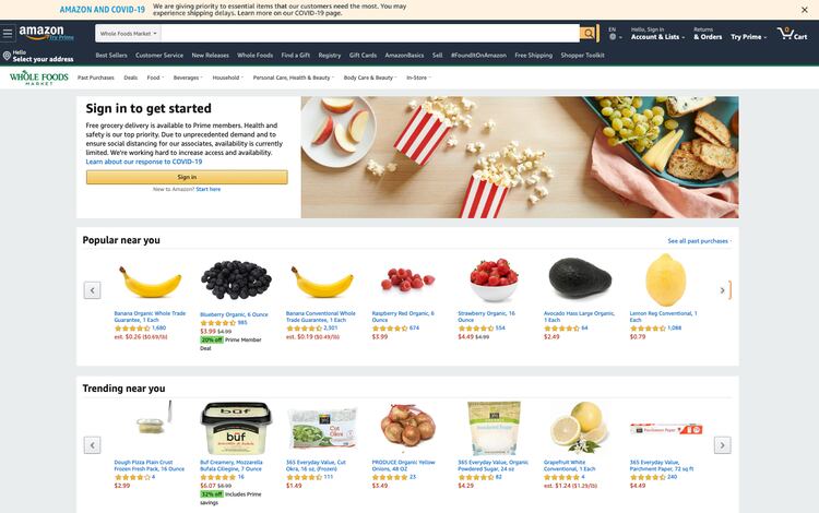 Los envíos por Amazon Fresh y Whole Foods requieren la suscripción de Prime, USD 119 por año o USD 12,99 por mes.