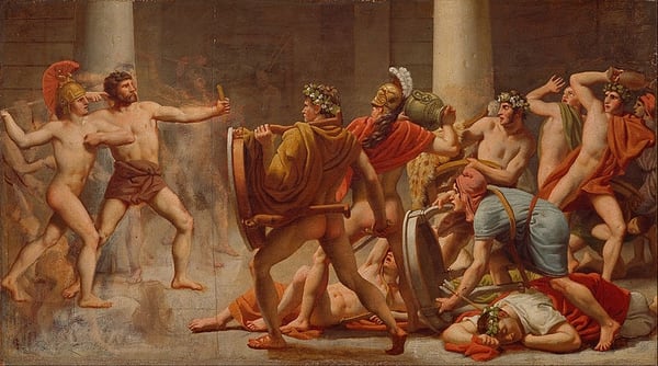 La venganza de Ulises sobre los contendientes de Penélope, por Christoffer Wilhelm Eckersberg (1814). Vía Wikimedia Commons