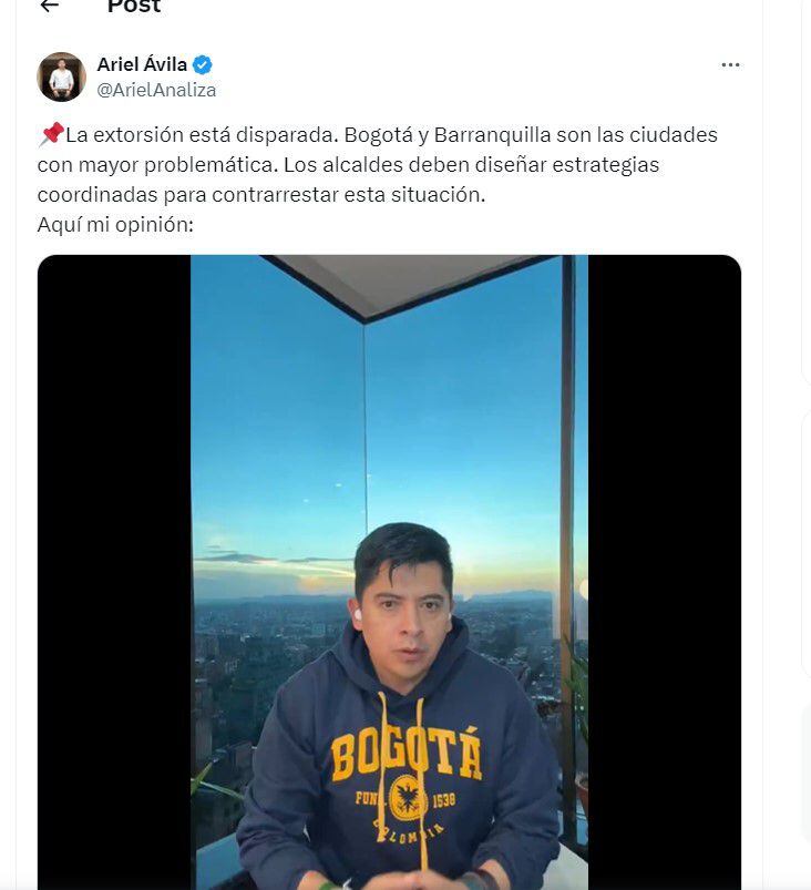 Ariel Ávila señala que la extorsión está disparada tanto en Bogotá como en Barranquilla - crédito @ArielAnaliza
