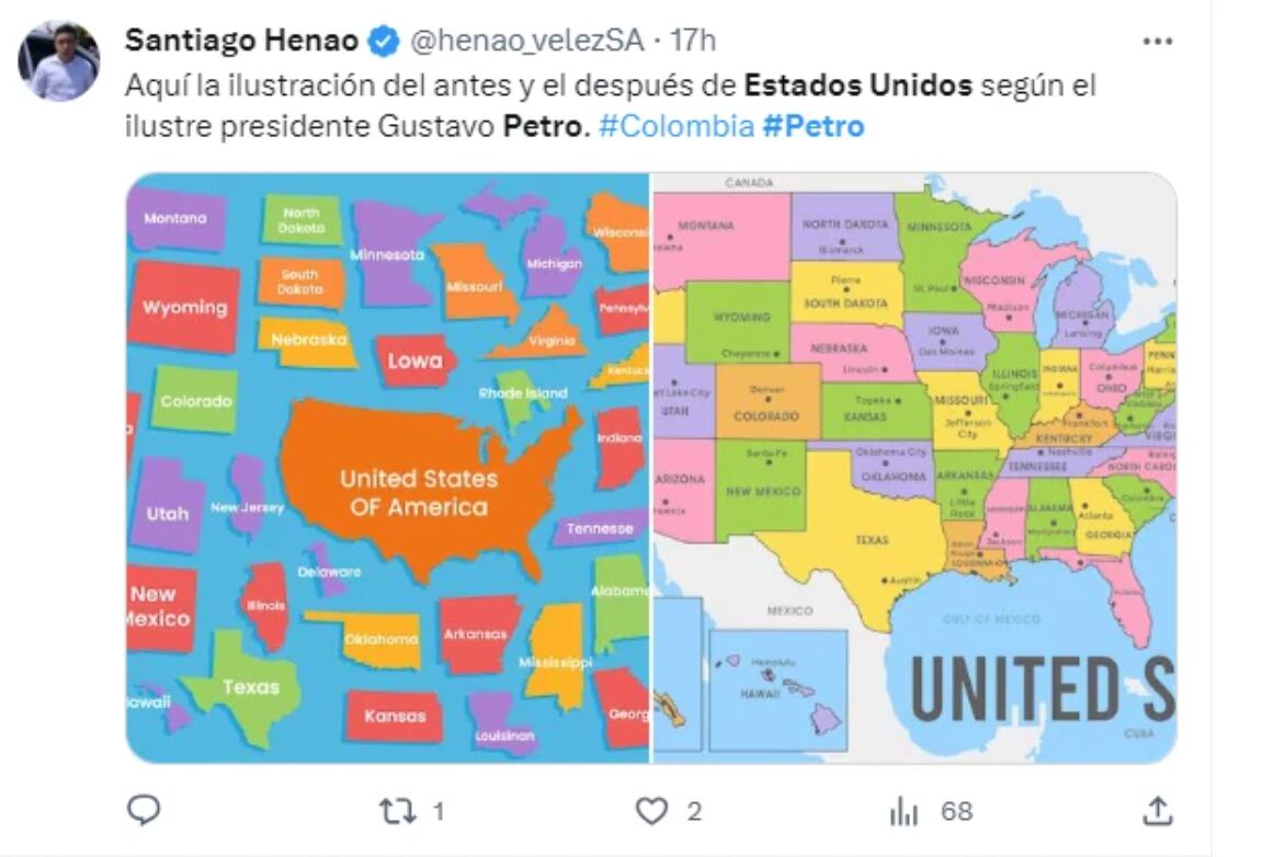 Meme of President Petro's phrase about the union of the United States - credit @henao_velezSA/X