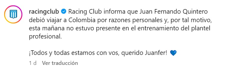 El colombiano estuvo ausente en la victoria sobre Belgrano - crédito @racingclub/Instagram