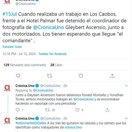 Los tuits de Crónica Uno donde informó sobre las detenciones arbitrarias 
