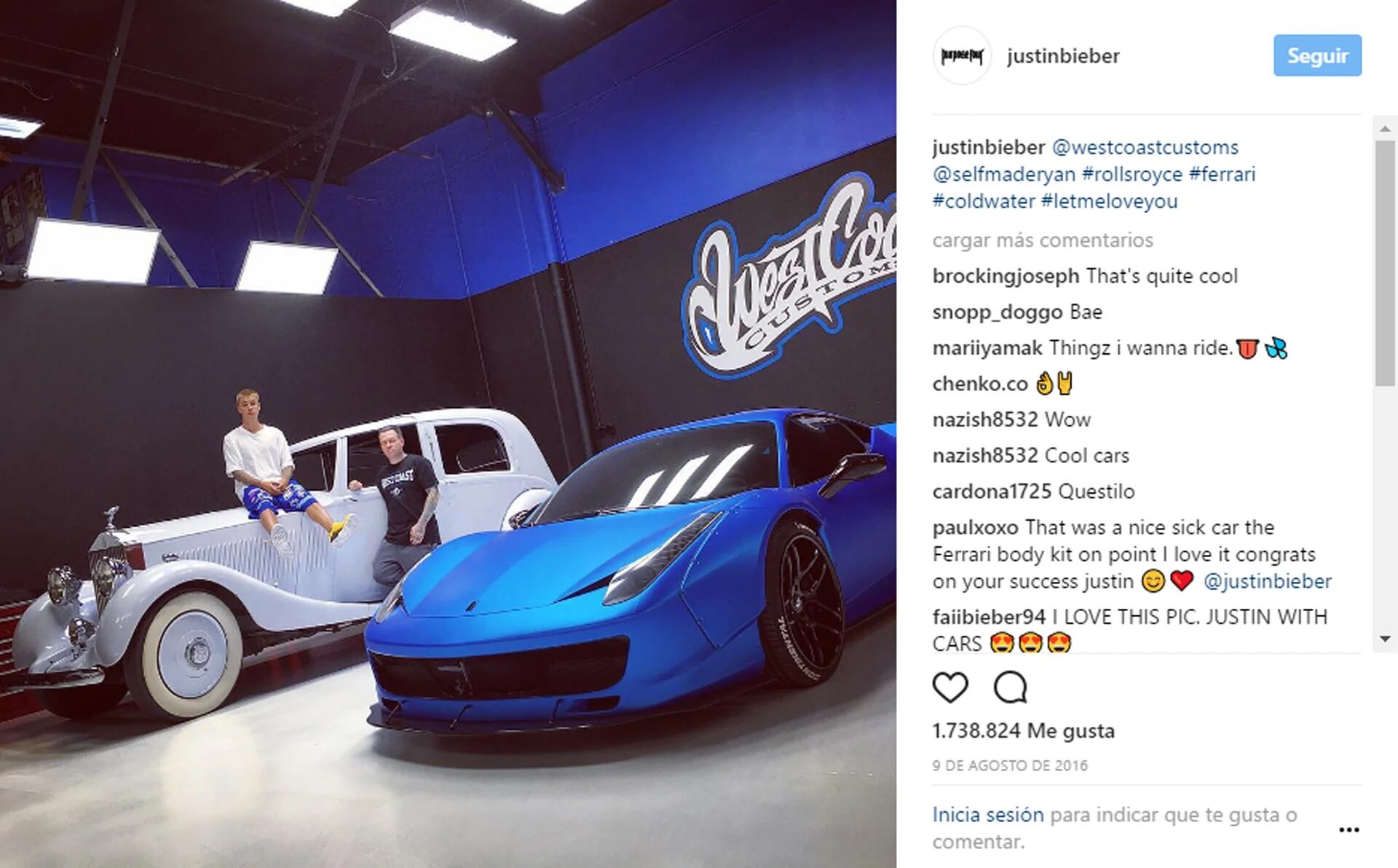 Justin Bieber en visita a la casa que customiza sus vehículos. En primer palo, su Ferrari azul