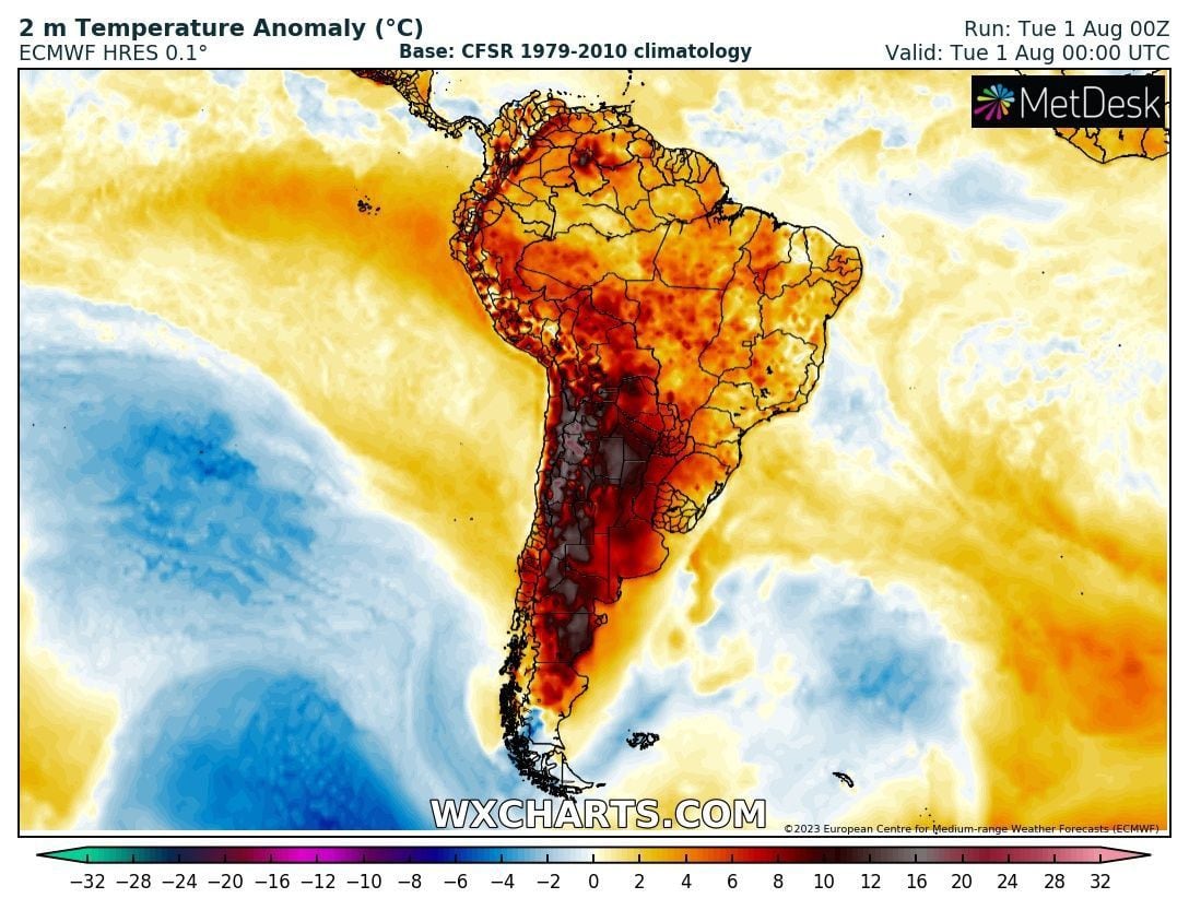 El 1 de agosto pasado Sudamérica vivió uno de los eventos extremos que el mundo, con temperaturas increíbles de hasta 38.9C en los Andes chilenos en pleno invierno (MetDesk)