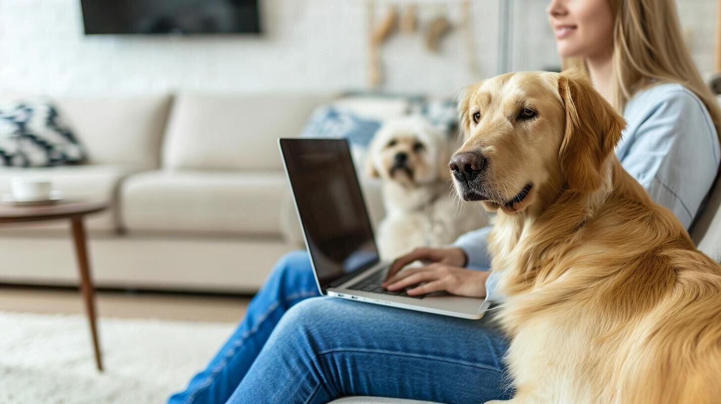 Mujer profesional trabajando en su computadora en casa, con su perro a su lado, ilustrando cómo el trabajo remoto permite combinar la productividad profesional con la compañía de las mascotas. (Imagen ilustrativa Infobae).