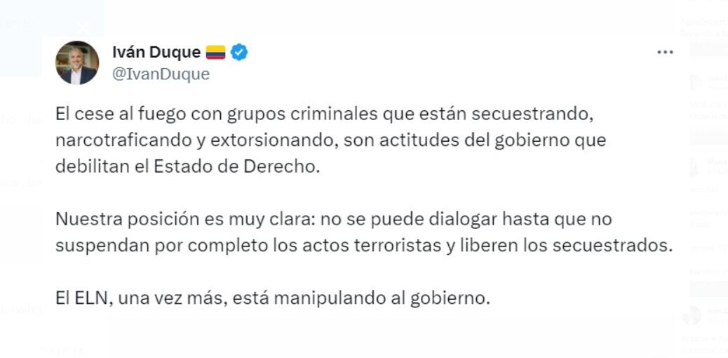 El expresidente Iván Duque criticó el modo en que el Gobierno nacional lleva a cabo las relaciones con el grupo guerrillero del ELN - crédito @IvánDuque/X
