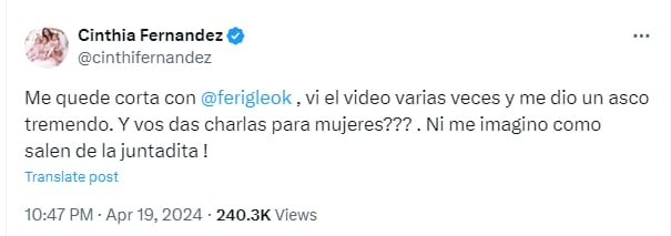Cinthia Fernández lanzó un picante tweet contra Fernanda Iglesias (Foto: X)