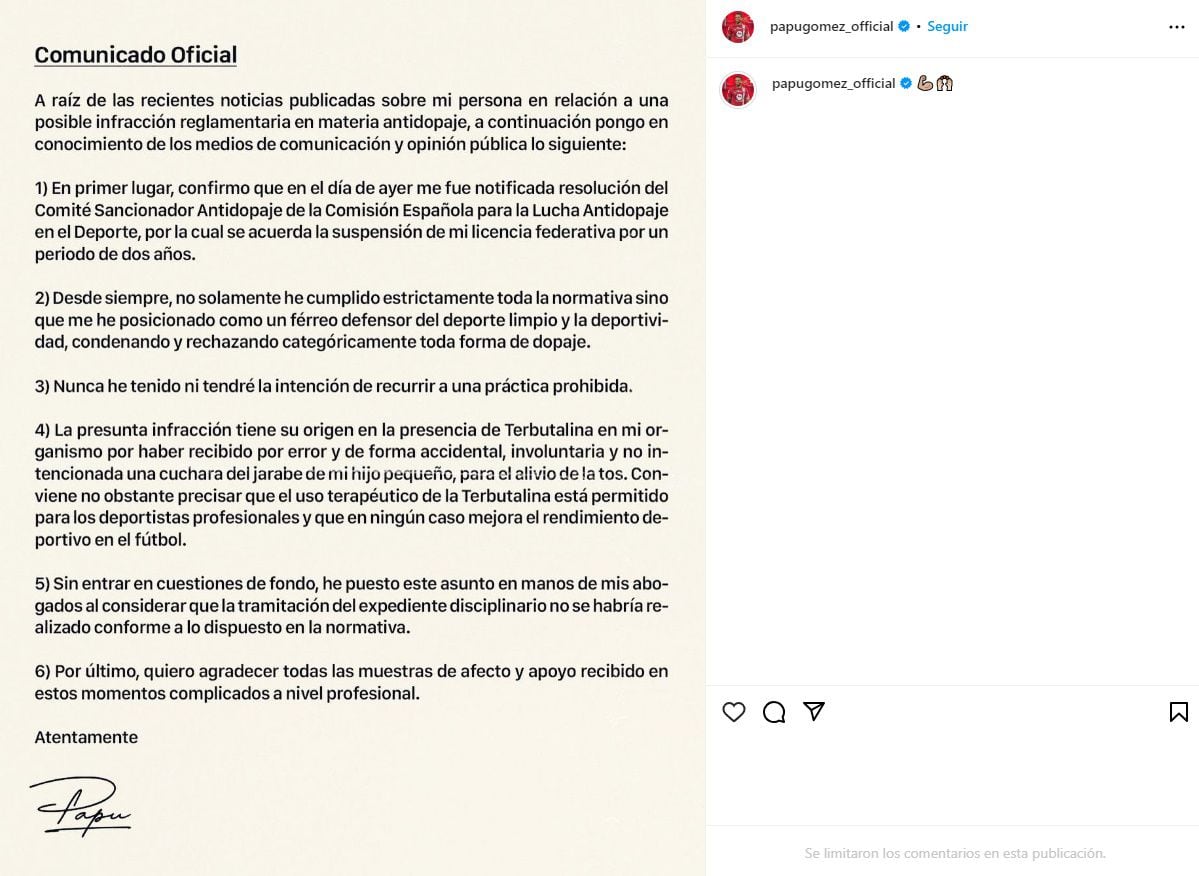 El comunicado del Papu Gómez tras dar positivo al control de antidopaje (@papugomez_official)