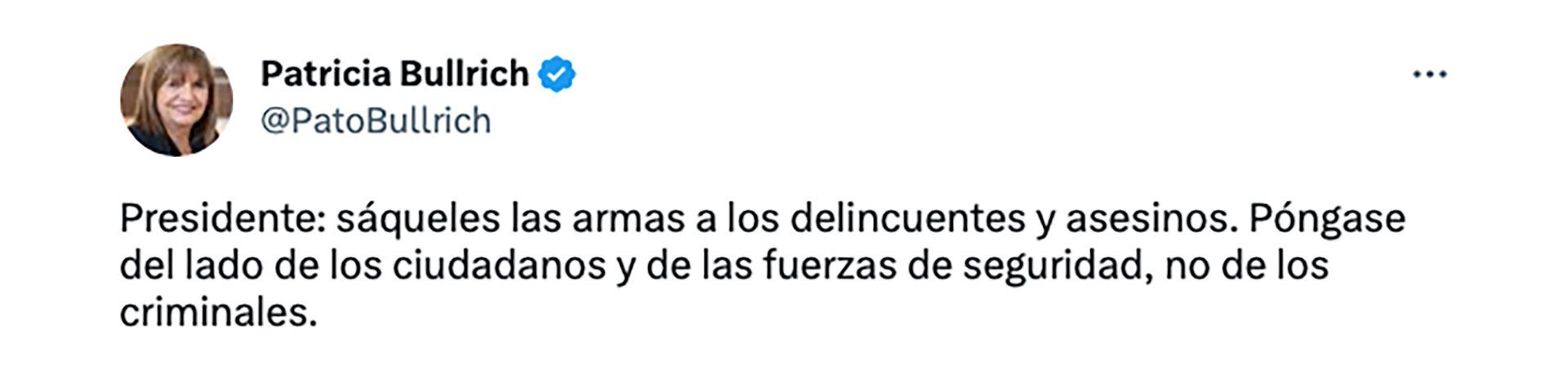 Tuit Patricia Bullrich venta armas regulacion alberto fernandez