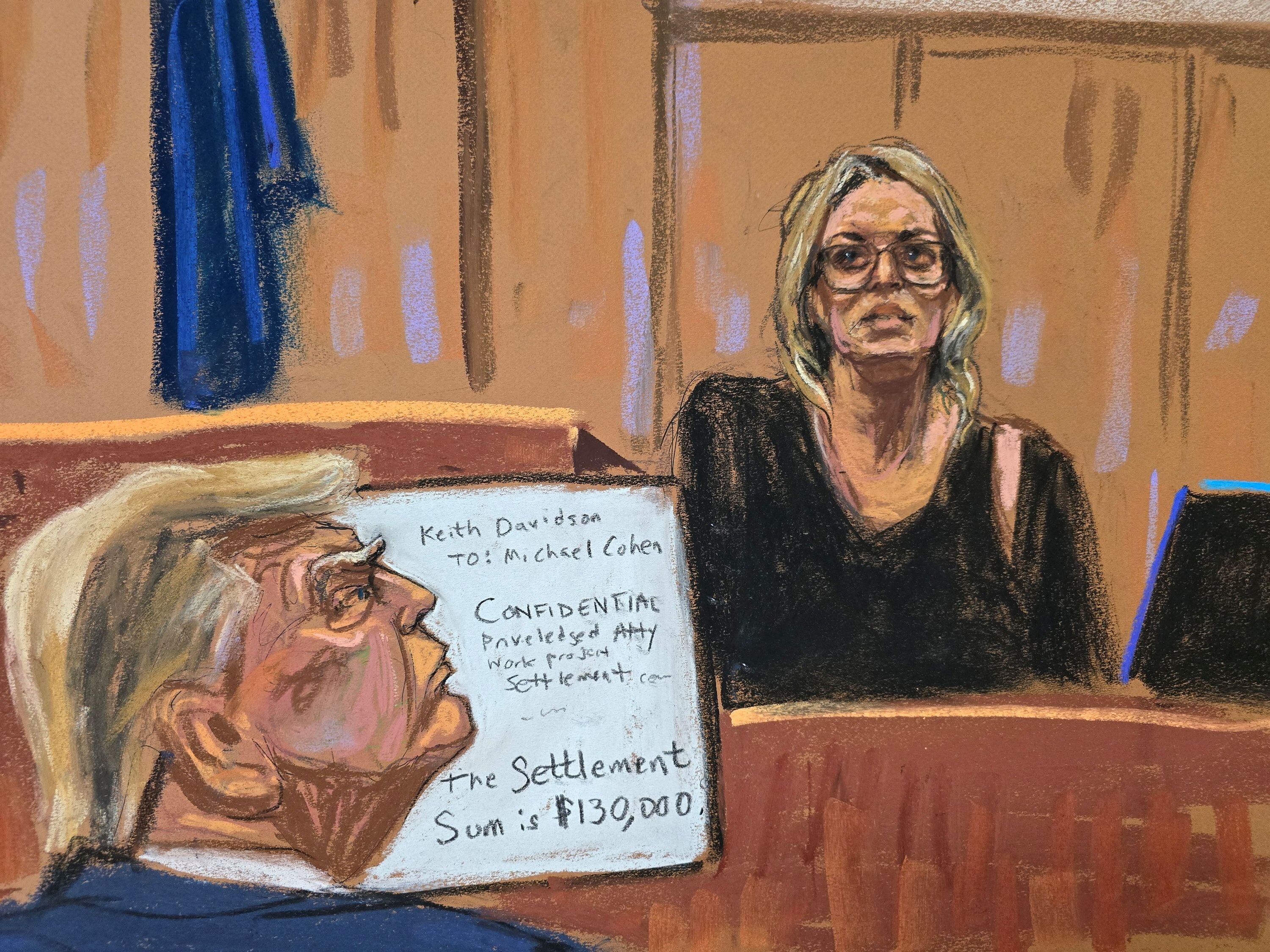 Un momento histórico se vivió en la sala del tribunal cuando Donald Trump se enfrentó directamente a Stormy Daniels, la mujer en el centro del escándalo que lo involucra en delitos graves. (REUTERS/Jane Rosenberg)