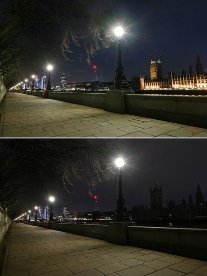 Una combinación de imágenes tomadas el 27 de marzo de 2021 en el centro de Londres muestra el Palacio de Westminster, sede de las Cámaras del Parlamento que incluyen la Cámara de los Lores y la Cámara de los Comunes, antes (arriba) y después de ser sumergido en la oscuridad para la campaña medioambiental de la Hora del Planeta