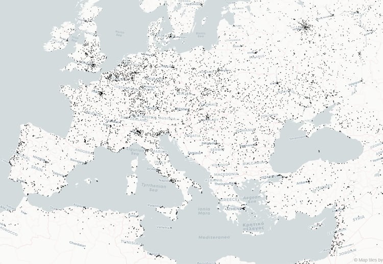 La concentración de población en ciudades en Europa (World Settlement Footprint 2015)