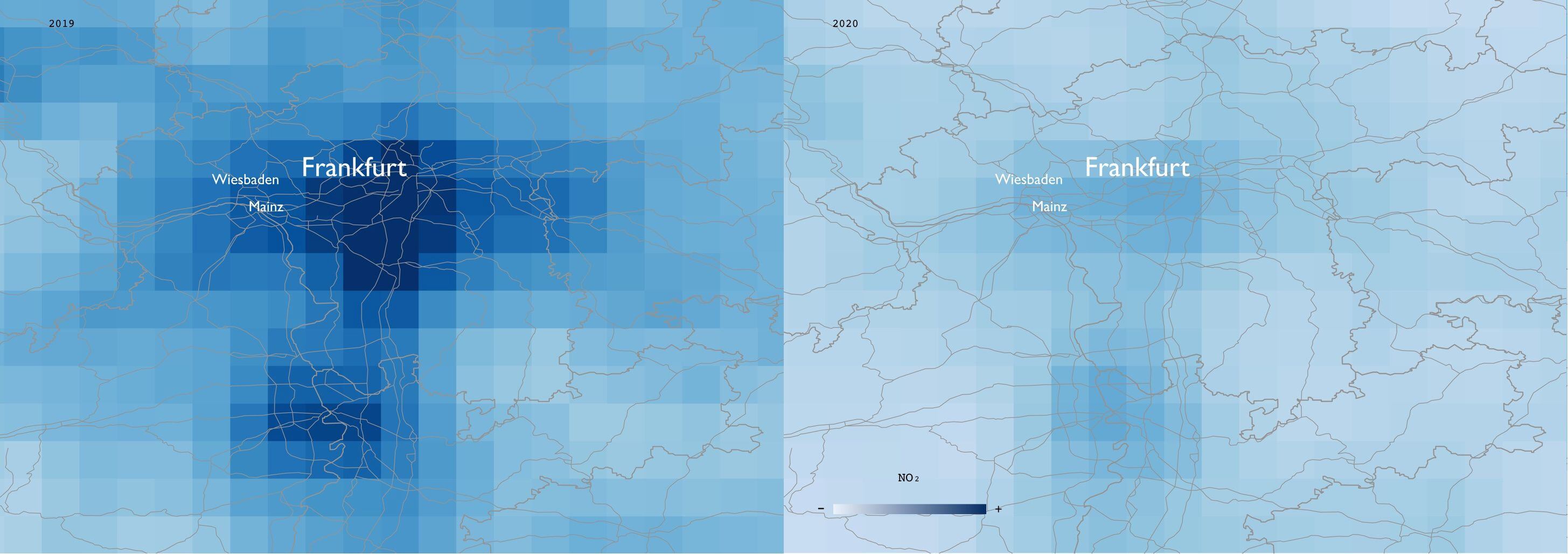 Mapa que muestra en azul la mayor contaminación ambiental en la zona de Frankfurt, Alemania, comparado a otro día donde no hay actividad industrial - ESA/EPHA/James Poetzscher/Handout via REUTERS 