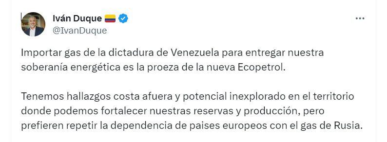 Publicación de Iván Duque, expresidente de Colombia, frente a posibilidad de que Ecopetrol se asocie con Pdvsa para explorar gas - crédito @IvanDuque/X