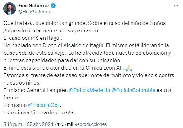 Desde el alcalde de Medellín hasta la Policía Colombia, se han sumado esfuerzos para localizar y llevar ante la justicia al padrastro acusado de agredir salvajemente a un menor - crédito @FicoGutierrez / X