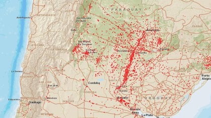 Los focos de incendio activos en Córdoba, el delta del Paraná y el norte de Argentina de acuerdo al sistema FIRMS de la NASA
