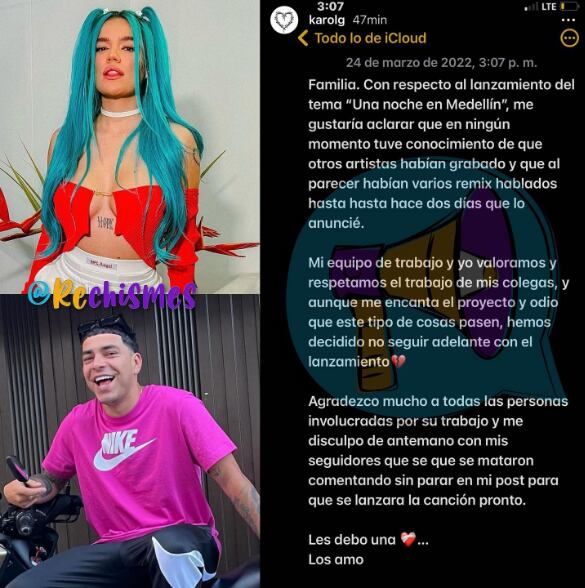 Through a post on his Instagram stories, Karol G announced that the song 'One night in Medellin' will not be released
PHOTO: Via Instagram (rechismes)