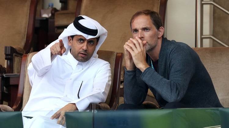El presidente del PSG junto al director técnico Thomas Tuchel (Reuters)