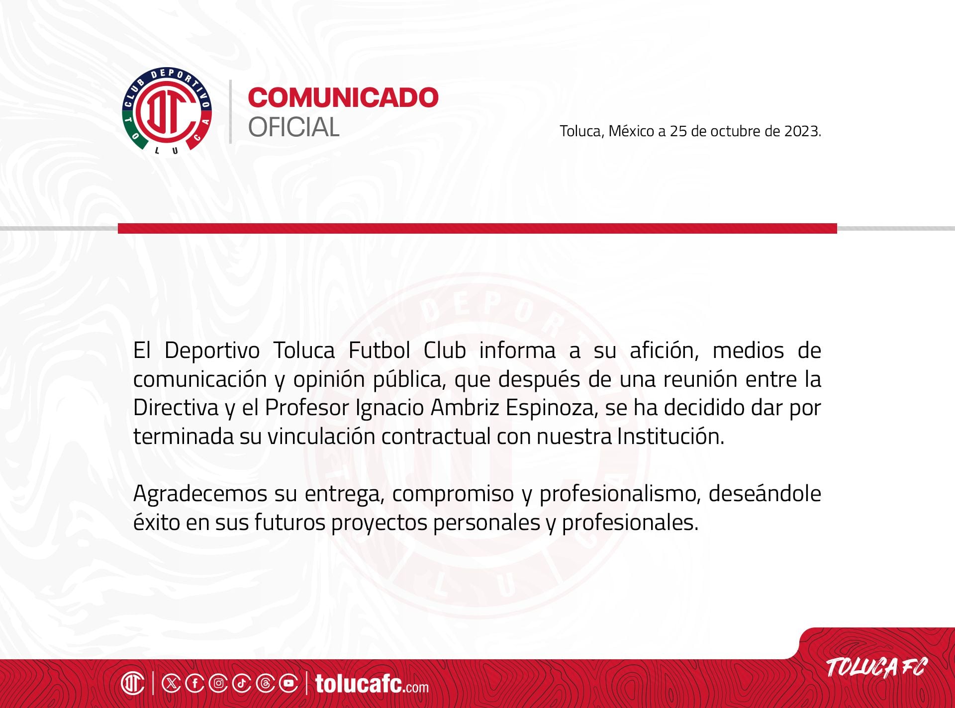 El comunicado fue difundido en las redes sociales del Toluca FC (X/@TolucaFC)