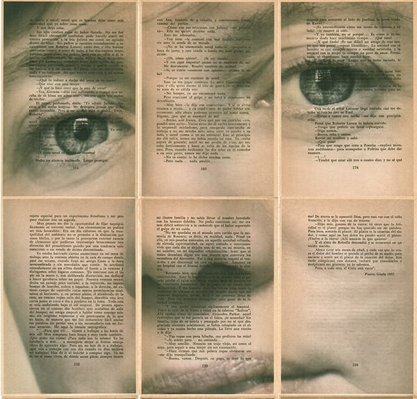 “Carla”, impresión en hojas de libro antiguo, de Javier Bellomo, en Sasha D