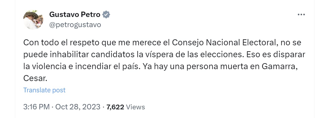 El presidente Gustavo Petro responsabilizó al CNE por el incendio provocado en la Registraduría de Gamarra, Cesar - crédito @petrogustavo/X