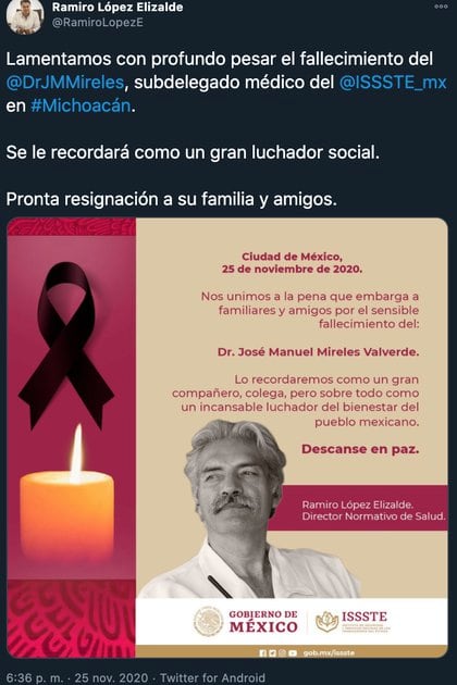 El tuit con el que se confirmó la muerte del ex líder de las autodefensas michoacanas (Foto: Twitter@RamiroLopezE)