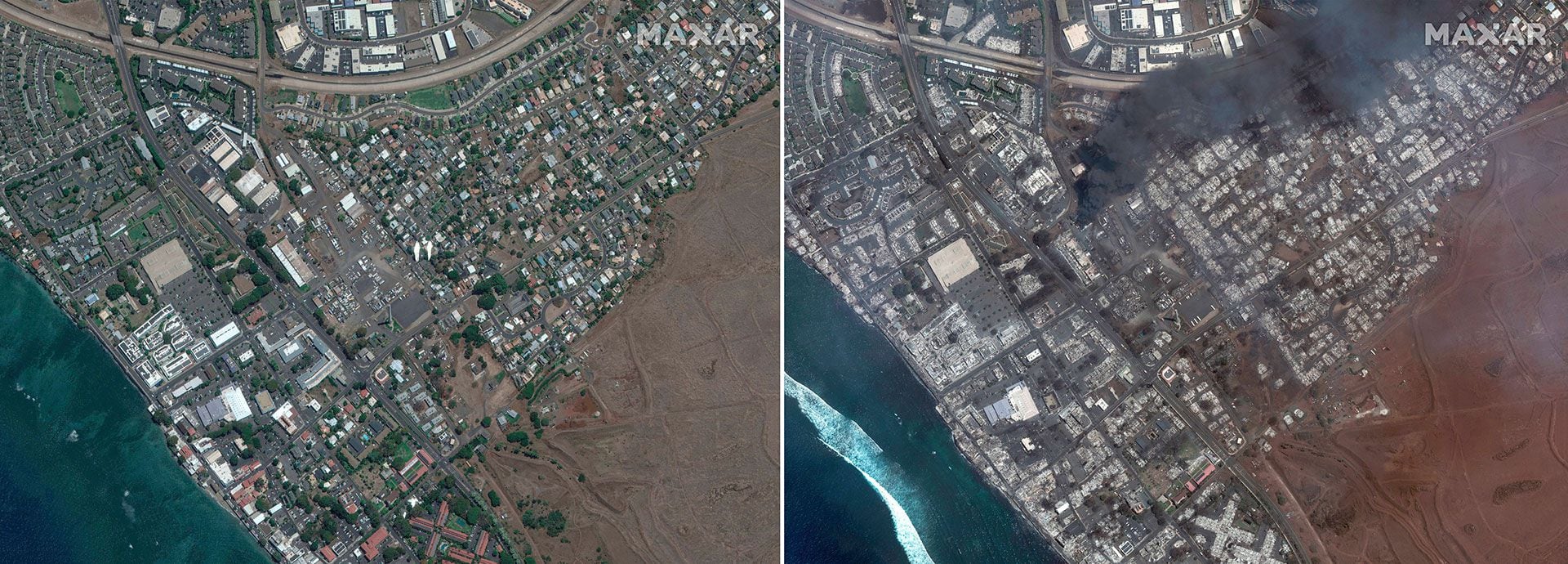 Esta combinación de imágenes satelitales suministradas por Maxar Technologies muestran una vista aérea de Lahaina Square, en Maui, Hawai, el 25 de junio de 2023 a la izquierda, y la misma zona el 9 de agosto, luego del incendio en el centro de la isla hawaiana (Maxar Technologies vía AP)