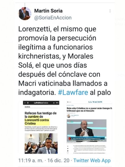 Un tuit del futuro ministro de Justicia, Martín Soria, contra el juez de la Corte Suprema, Ricardo Lorenzetti